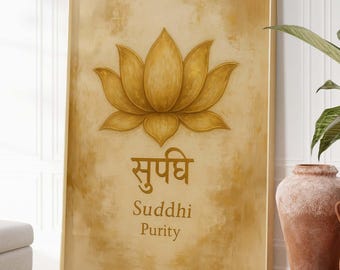 Kwiat lotosu Sanskryt Ścienna Sztuka, Suddhi Purity Plakat, Joga Dekoracja Wydruk, Duchowa Medytacja Obraz jako Pobieranie Cyfrowe