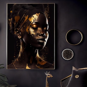 INSTANT Download, Abstract African Goddess, Digital Ai Wall Art Print, Printable Gold, Afro Futurism, Ethnic Portrait