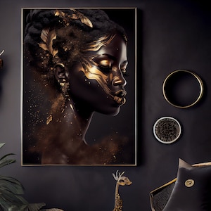 INSTANT Download, Abstract African Goddess, Digital Ai Wall Art Print, Printable Gold, Afro Futurism, Ethnic Portrait