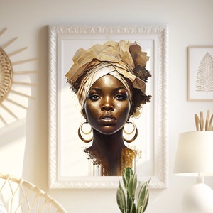 May include: A serene interior scene featuring a framed portrait of a woman with a head wrap and gold earrings. A woven chair with a white pillow and blanket, a side table with a plant, and a wicker basket add to the room's decor. A sunburst mirror hangs on the wall.