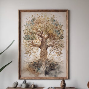 Puede incluir: Una pintura de acuarela de un árbol con ramas marrones y hojas verdes y amarillas. El árbol está enraizado en el suelo y tiene un fondo marrón claro.