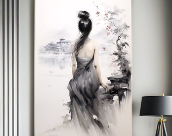 May include: A watercolor painting of a woman in a long, flowing dress standing on a stone bridge. The woman is looking out at a distant cityscape. The painting is done in shades of gray and white, with accents of pink.