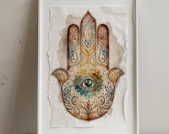 May include: A framed watercolor painting of a hamsa hand with intricate details in shades of gold, blue, and brown. The hamsa hand is a symbol of protection and good luck.