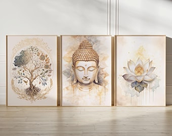 Tree of Life, Buddha and Lotus Flower in Set of 3, Three Printable Posters, Digital Download, Yoga Studio Wall Art, Meditation Decoration