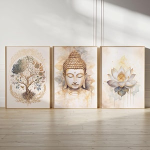 Tree of Life, Buddha and Lotus Flower in Set of 3, Three Printable Posters, Digital Download, Yoga Studio Wall Art, Meditation Decoration