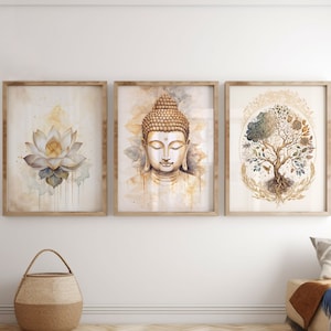 Tree of Life, Buddha and Lotus Flower in Set of 3, Three Printable Posters, Digital Download, Yoga Studio Wall Art, Meditation Decoration