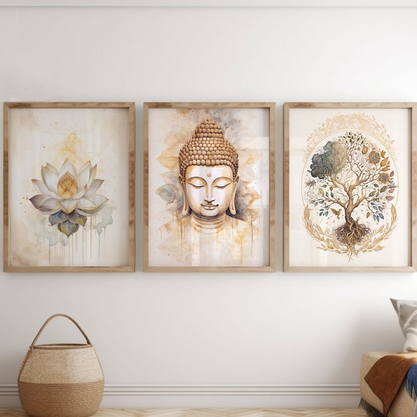 Arbre de vie, Bouddha et fleur de lotus en ensemble de 3, trois affiches imprimables, téléchargement numérique, yoga studio wall art, décoration de méditation