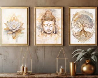 Buddha, Lotus Flower and Tree of Life in Set of 3, Printable Posters, Digital Download, Yoga Studio Wall Art, Meditation Decoration