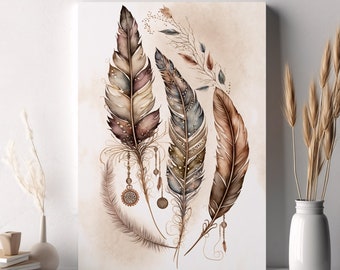 Plumas boho, arte de pared imprimible, descarga digital, cartel de acuarela, arte espiritual, decoración de la sala de estar, regalo bohemio, acuarela
