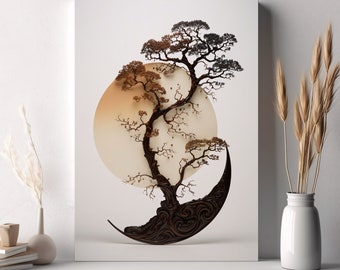 May include: A brown and black stylized tree with a thick trunk and branches, set against a brown circle on a white background. The tree is depicted in a minimalist style, with a focus on its shape and form.