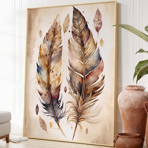 Boho Style Feathers, Digital Download, Printable Poster, Boho Chic Decoration, Watercolor Wall Art, Spiritual Print, Bohème Art, Home Deco