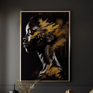 INSTANT Download, Abstract African Goddess, Digital Ai Wall Art Print, Printable Gold, Afro Futurism, Ethnic Portrait, Black and Gold Print