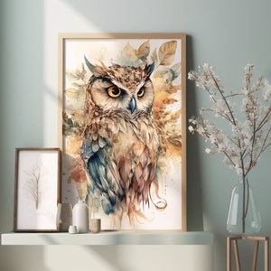 Watercolor Owl Painting, Digital Download, Boho Style Wall Art, Nature Art Print, Living Room Decor, Printable Poster, Spiritual Art Print