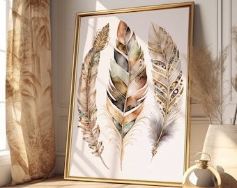 Descarga digital, Plumas Boho, Arte de pared imprimible, Decoración Boho, Impresión de arte bohemio, Cartel de arte espiritual, Impresión de acuarela de plumas