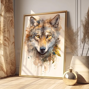 Acuarela de lobo, Descarga digital, Animales espirituales, Decoración de mitología, Cartel de animales del bosque, Estilo de acuarela de depredador, Impresión de vida silvestre boho