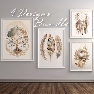 Boho Download Bundle, 4 Watercolor Art Prints, Tree Of Life, Dreamcatcher, Feathers, Lotus Flower, Spiritual Poster, Printable Wall Art Set