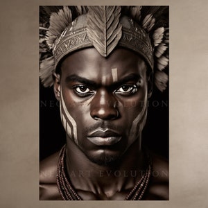 May include: A close-up portrait of a person with dark skin wearing a headdress with feathers and tribal markings on their face. The background is black.
