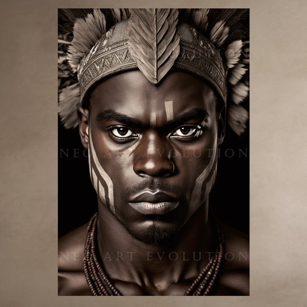 Digital DOWNLOAD, African Native Man, Ultra High Detail, Ethnic Tribesman Portrait, Printable Wall Art, Afro Futurism, Tribal Warrior Prints