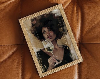 Elegant Portrait, Digital Download, Gift for Wine Lover, Thoughtful Painting, Wine Decor Kitchen, Bar Wall Art, Sophisticated Luxury Poster