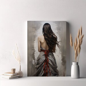 May include: A painting of a woman with long brown hair wearing a flowing grey dress with a red ribbon tied around her waist. The background is a muted grey with brushstrokes.