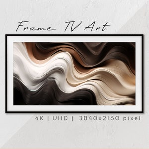 Könnte beinhalten: Abstrakter Kunstdruck mit fließenden, wellenförmigen Linien in Braun-, Beige- und Weißtönen. Der Druck ist in einem schwarzen Rahmen gerahmt und trägt oben den Text "Frame TV Art" und unten "4K | UHD | 3840x2160 Pixel".