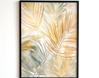 Palm Jungle Watercolor Painting, Digital Download, Printable Wall Art, Botanical Decoration, Tropical Leaves Painting, Exotic Floral Art