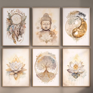 Flores de Loto, Árbol de la Vida, Buda, Atrapasueños y Árbol Yin Yang, Conjunto de 6, Carteles Boho Imprimibles, Descarga Digital, Decoración de Meditación