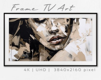 Modern Painting, Samsung Frame TV Portrait, Womans Face, Grey Beige, Neutral Oil Painting, Abstract Frame TV Art, Palette Knife Structure LG