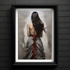 May include: A woman with long brown hair is wearing a flowing gray dress with a red ribbon tied around the waist. The background is a blurred, abstract painting.