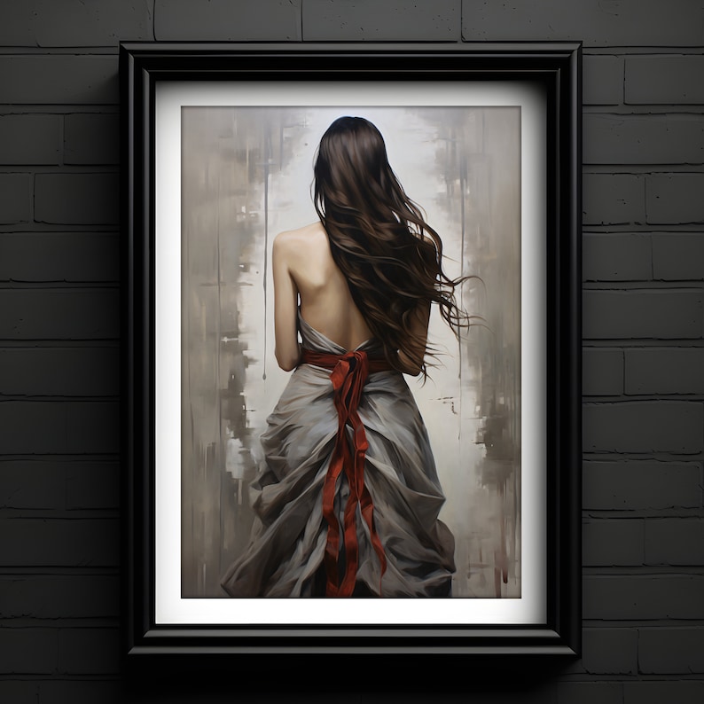 May include: A woman with long brown hair is wearing a flowing gray dress with a red ribbon tied around the waist. The background is a blurred, abstract painting.