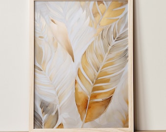Golden Tropical Leaves, Digital Printable Wall Art, Botanical Poster, Plant Decoration, Floral Wall Art, Various Sizes For Download