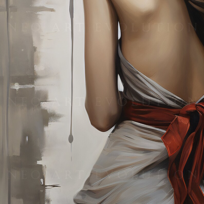 May include: A close-up of a woman's torso wearing a white dress with a red sash tied around the waist. The dress is draped and flowing, and the sash is tied in a bow at the back. The woman's arm is visible, and the background is a light gray.
