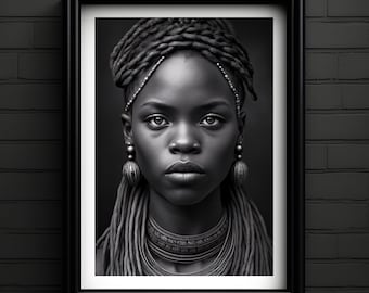 Descarga instantánea, Elegancia tribal, Póster en blanco y negro, Láminas de arte para pared, Retrato digital de mujer afro, Arte de pared imprimible, Afrofuturismo en blanco y negro