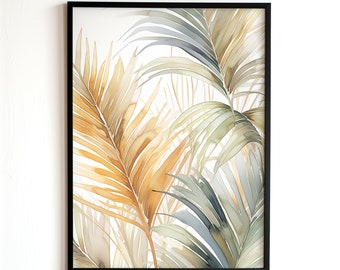 Palm Frond Watercolor Painting, Digital Download, Printable Wall Art, Exotic Botanical Decoration, Tropical Leaves Painting, Floral Art