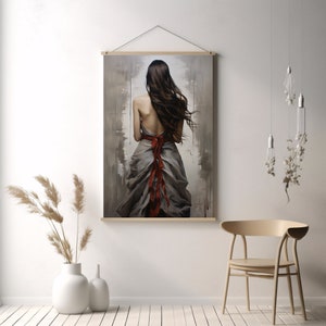 May include: A painting of a woman in a flowing grey dress with a red sash. The woman is standing with her back to the viewer and her long brown hair is flowing down her back.