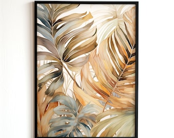 Palm Leaves Wall Art, Digital Download, Printable Watercolor, Exotic Botanical Decoration, Aquarelle Lounge Art, Tropical Leaves Painting