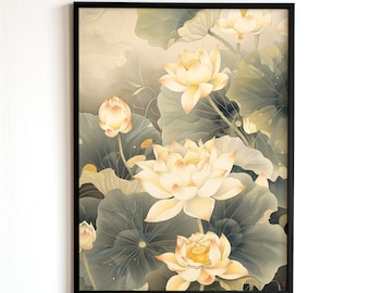 Lotus Blossom, Boho Digital Download, Printable Wall Art, Japandi Decoration, Natural Yoga and Meditation Zen Art, Botanical Poster Artwork
