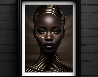 Proud African Woman, Golden Jewelry, Digital Wall Art Print, Direct Download, Metallic Look, African Spirit, Ethnic Portrait, Black History