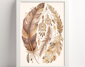 Plumas al estilo bohemio, descarga digital, arte mural imprimible, póster de acuarela, arte espiritual, decoración de sala de estar, decoración del hogar