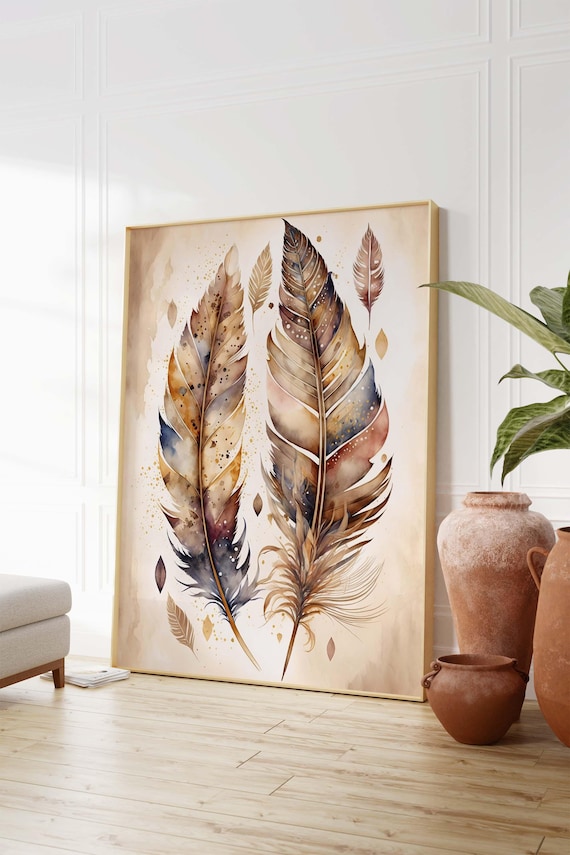 Boho Style Feathers, Digital Download, Printable Poster, Boho Chic Decoration, Watercolor Wall Art, Spiritual Print, Bohème Art, Home Deco