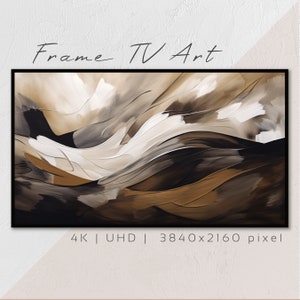 Op de afbeelding: Abstracte kunstprint in tinten van bruin, beige en wit. De print is ingelijst in een zwart frame en heeft de tekst "Frame TV Art" bovenaan en "4K | UHD | 3840x2160 pixel" onderaan.