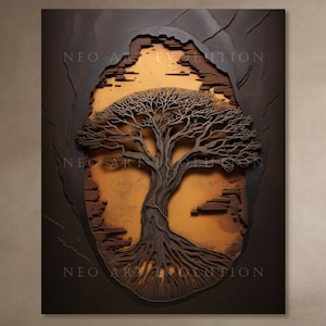 May include: A 3D metal sculpture of a tree with intricate branches and roots. The tree is set against a background of brown and gold metal, creating a textured and layered effect. The sculpture is titled "NEO ART EVOLUTION".