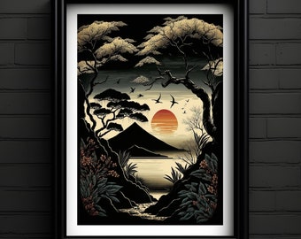 Instant Download, Japanese Scenery at Sunset, Printable Japanese Wall Art, Downloadable Print, Home Decor, Island Landscape, Poster, Zen