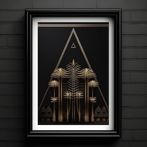 May include: A black and gold geometric print with a triangle design and palm trees. The print features a minimalist style with a dark background and gold accents.