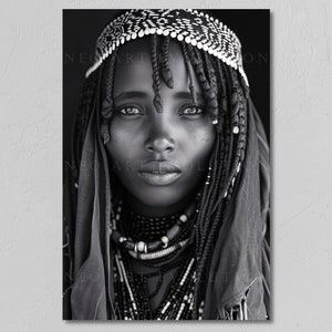 Femme africaine traditionnelle, portrait monochrome gracieux, affiche imprimable, téléchargement numérique, patrimoine culturel, nomade éthiopien