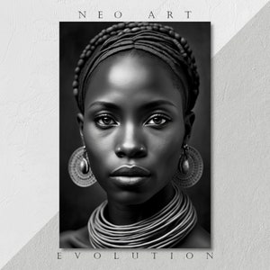 Soulful Stare, Instant Download, Black and White Poster, Wall Art Prints BW, Digital African Art Portrait, Printable Wall Art, Afro Futurism