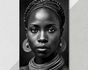 Soulful Stare, Instant Download, Black and White Poster, Wall Art Prints BW, Digital African Art Portrait, Printable Wall Art, Afro Futurism