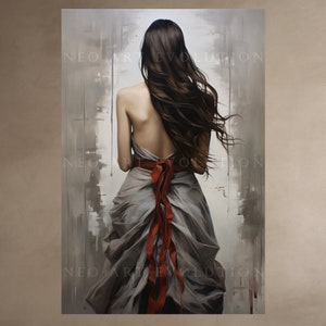 May include: A painting of a woman with long brown hair wearing a flowing grey dress with a red ribbon tied around her waist. The background is a textured grey.