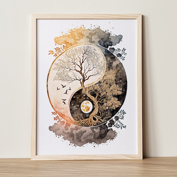 Yin Yang Tree, Day and Night, Printable Poster, Chinese Spiritual Art, Boho inspired, Home Decoration, Digital Download, Nature Motif, Moon