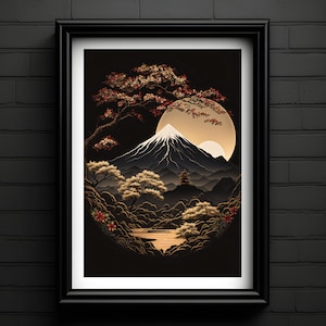 Descarga de arte de pared imprimible de paisaje de luna llena japonesa de alta definición e impresión Descarga de póster de paisaje de arte japonés
